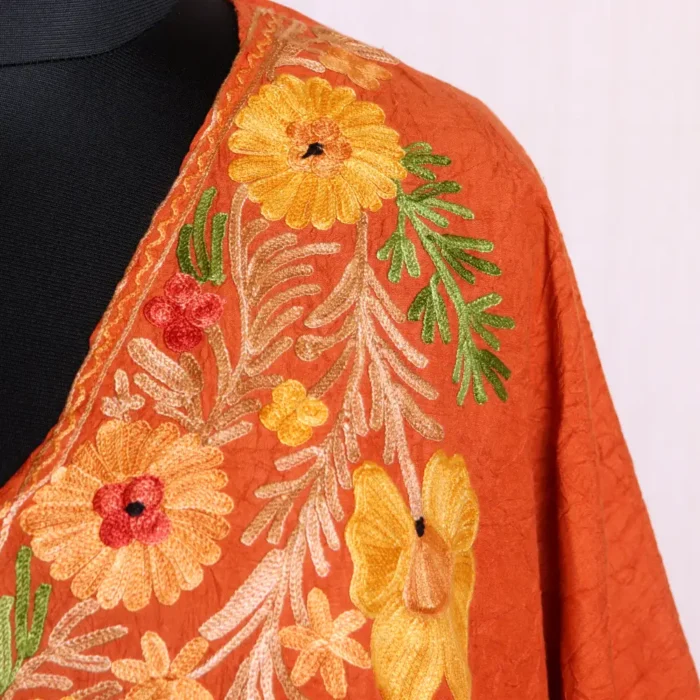 Simple and Elegant Kashmiri Long Rustic Orange Kaftan with Aari Embroidery - Dalgate Collection - Image 3