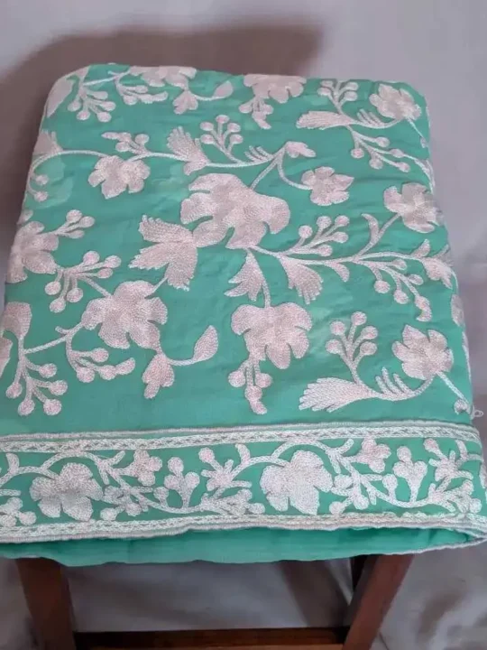 Sea Green Akh Rang Georgette Saree with White Chinari Aari Work - Roshe Collection