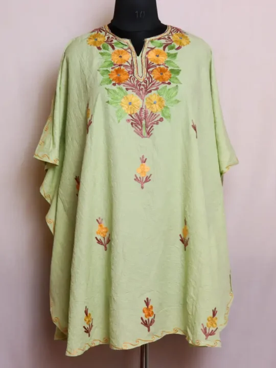 Crush Cotton Short Lime Green Kaftan with Aari Work - Dalgate Collection
