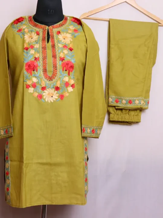 Kashmiri Mehndi Green Short Kurti Pant Set with Aari Embroidery in Cotton - Nowhatta Collection