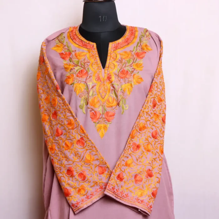 Light Purple Summer Cool Kashmiri Kurta Set with Beautiful Sleeve Aari Embroidery - Nowhatta Collection - Image 2