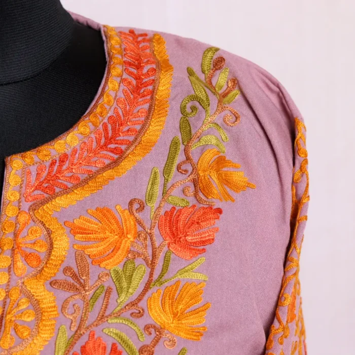 Light Purple Summer Cool Kashmiri Kurta Set with Beautiful Sleeve Aari Embroidery - Nowhatta Collection - Image 3