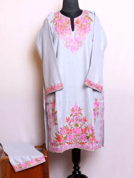 Kashmiri Grey Cotton Kurta Set with Beautiful Aari Damaan Embroidery - Nowhatta Collection