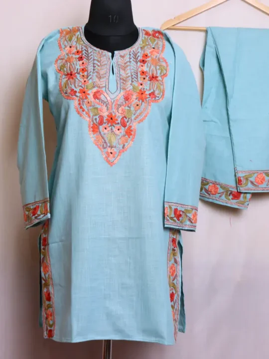 Stylish Aqua Green Kashmiri Short Kurti & Pant Set with Aari Embroidery - Nowhatta Collection