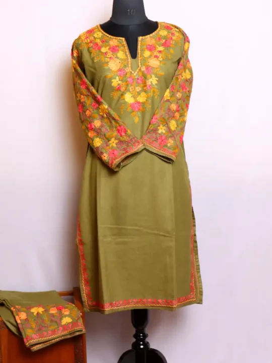 Olive Green Cotton Kashmiri Kurta Set with Elegant Sleeve Aari Work - Nowhatta Collection
