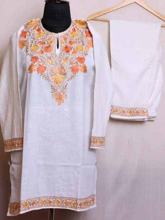 Creamy Short Kashmiri Kurti with Matching Pants & Aari Embroidery - Nowhatta Collection