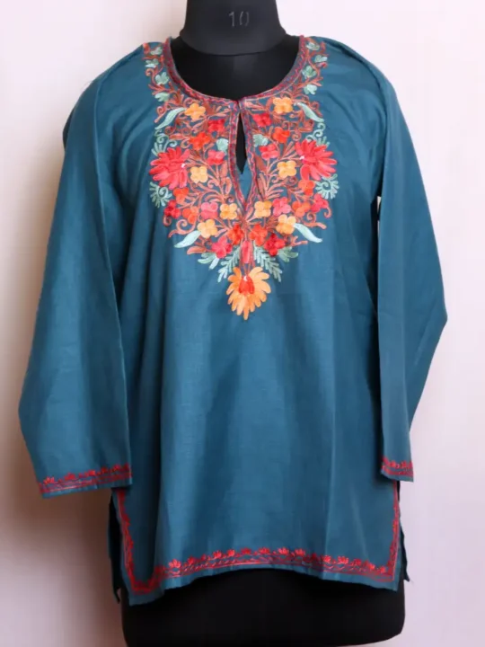 Elegant Teal Green Cotton Short Kashmiri Kurta with Aari Embroidery - Nowhatta Collection