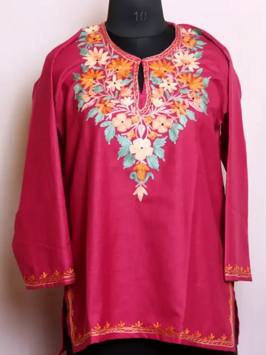Stylish Aari Embroidered Magenta Cotton Short Kurta - Nowhatta Collection