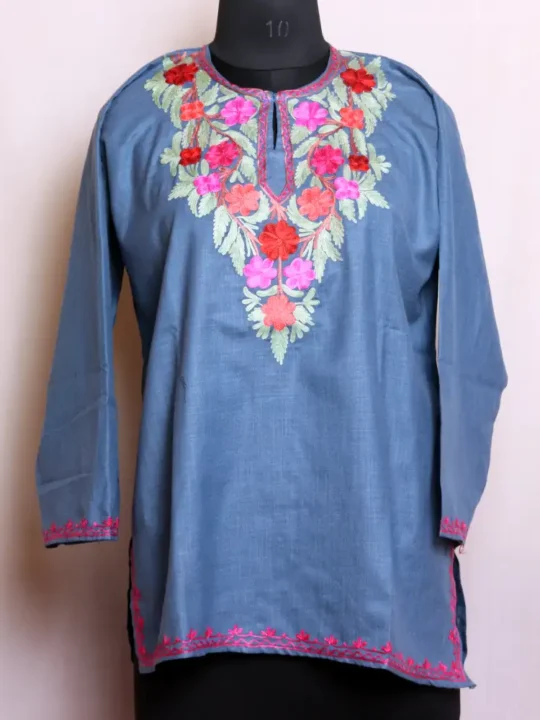 Classic Kashmiri Steel Blue Cotton Short Kurta with Aari Design - Nowhatta Collection