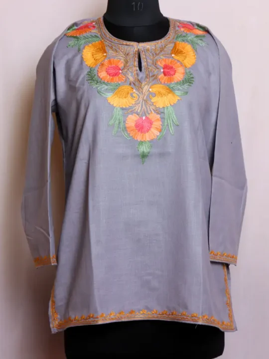Trendy Short Kashmiri Ash Grey Kurta in Cotton with Aari Detailing - Nowhatta Collection