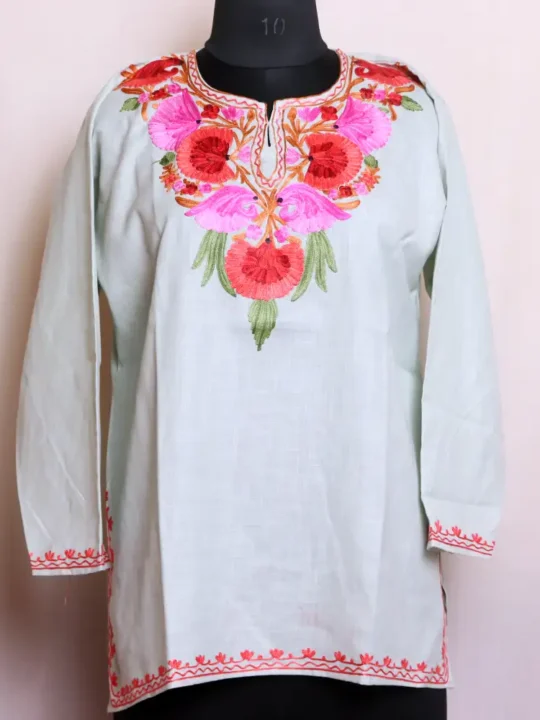 Everyday Comfort Short Baby Blue Kashmiri Cotton Kurta with Aari Embroidery - Nowhatta Collection