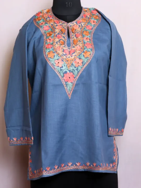Beautifully Embroidered Short Dark Grey Kashmiri Cotton Kurta - Nowhatta Collection