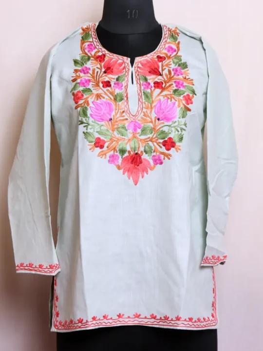 Baby Blue Kashmiri Cotton Short Kurta with Aari Work - Nowhatta Collection