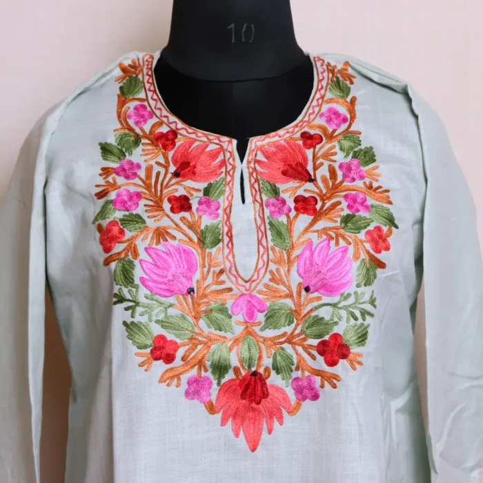 Baby Blue Kashmiri Cotton Short Kurta with Aari Work - Nowhatta Collection - Image 2