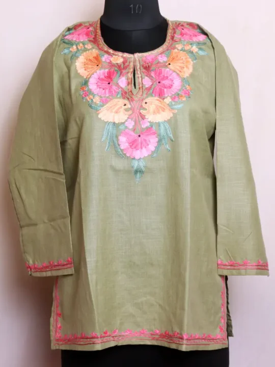 Rich Aari Embroidered Pale Green Short Kurta in Soft Cotton - Nowhatta Collection