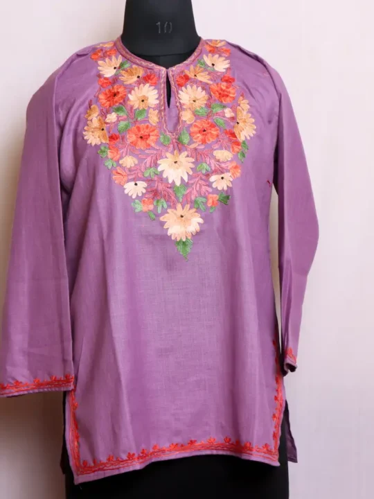 Exquisite Kashmiri Cotton Light Purple Short Kurta with Aari Work - Nowhatta Collection