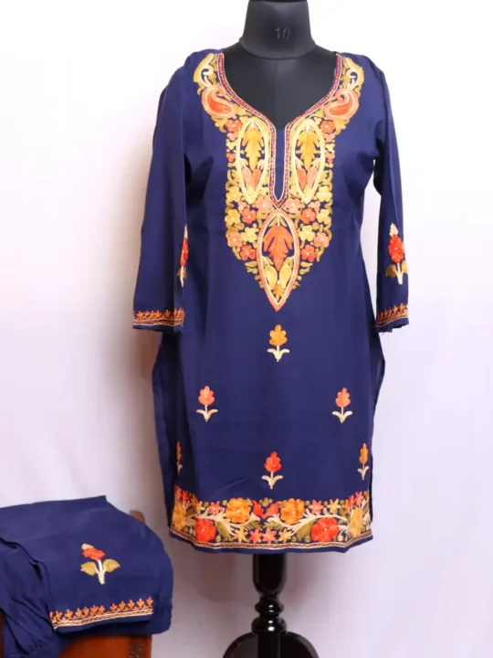 Elegant Dark Blue Summer Cool Kashmiri Kadhai Kurta | Co-ord - Dalgate Collection