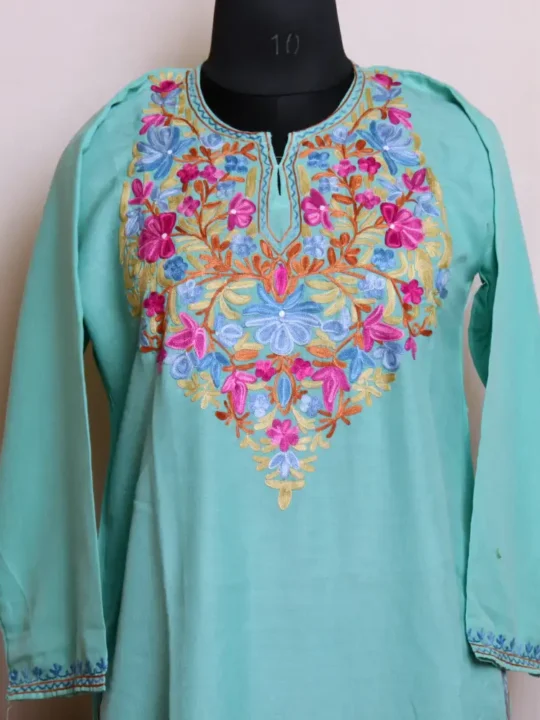 Elegant Summer Cool Sea Green Kashmiri Long Kurti Top with Aari Embroidery - Nowhatta Collection