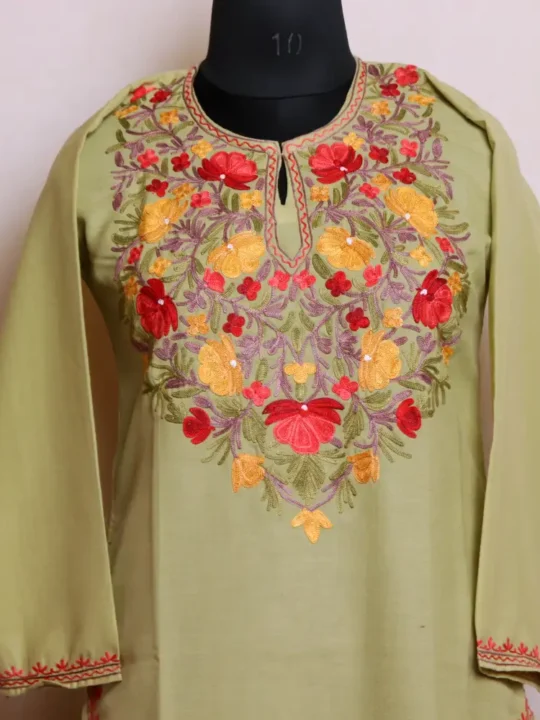 Soft and Airy Kashmiri Tea Green Long Kurti Top with Aari Embroidery - Nowhatta Collection