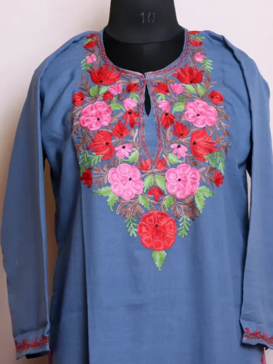 Comfortable Summer Cool Ash Grey Kashmiri Long Kurti Top with Aari Work - Nowhatta Collection