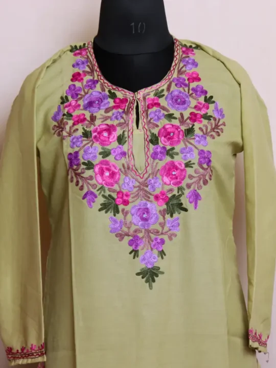 Classic Kashmiri Tea Green Long Kurti Top in Summer Cool Fabric with Aari Work - Nowhatta Collection