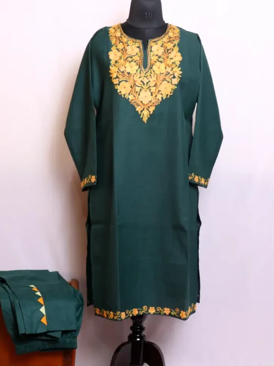 Dark Green Cotton Kurta Set with Aari Embroidery - Nowhatta Collection