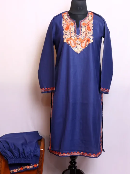 Dark Blue Kashmiri Cotton Kurta Set with Aari Embroidery - Nowhatta Collection