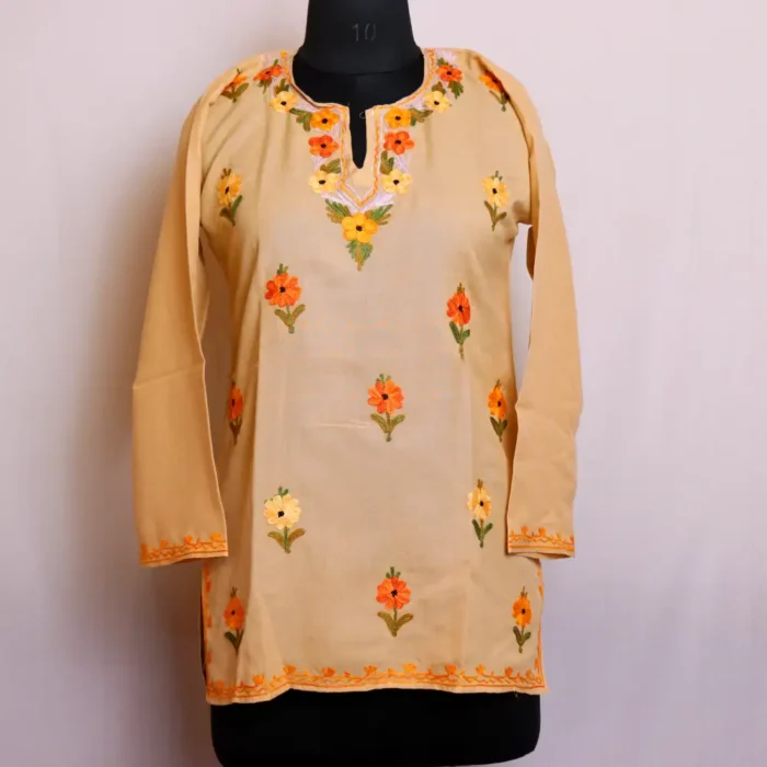 Elegant Creamy Summer Cool Kashmiri Embroidery Short Kurti - Baghmehtab Collection