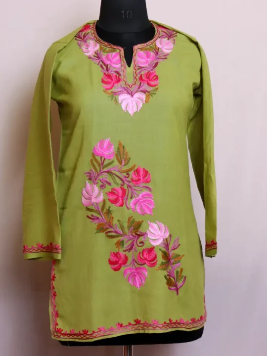 Stylish Summer Cool Green Short Kurti with Kashmiri Aari Work - Baghmehtab Collection