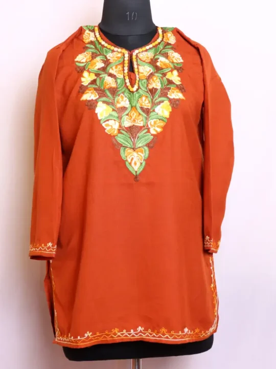 Soft and Comfortable Brown Kashmiri Aari Embroidered Short Kurti - Baghmehtab Collection
