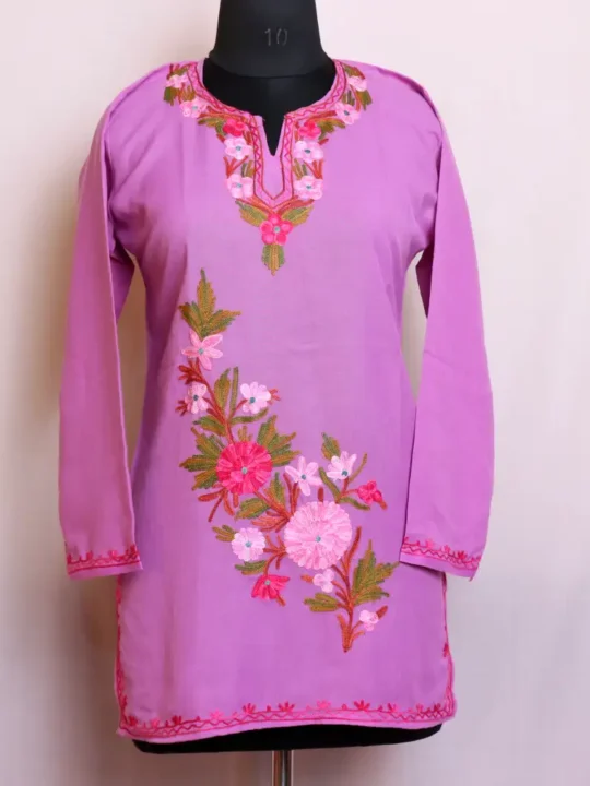 Beautiful Pinkish Summer Cool Short Kurti with Graceful Kashmiri Embroidery - Baghmehtab Collection