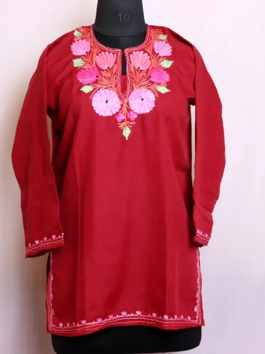 Breathable Summer Cool Maroon Color Short Kurti with Aari Embroidery - Baghmehtab Collection