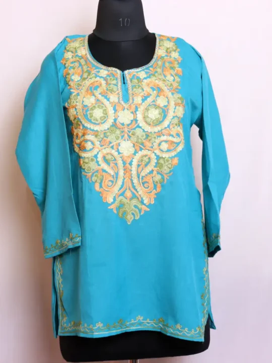 Lightweight Sea Green Summer Cool Short Kurti with Elegant Kashmiri Aari Work - Baghmehtab Collection