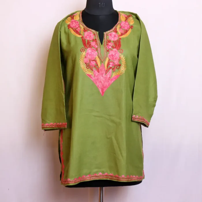 Classic Kashmiri Aari Embroidered Olive Green Short Kurti in Soft Summer Cool Fabric - Baghmehtab Collection