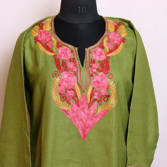 Classic Kashmiri Aari Embroidered Olive Green Short Kurti in Soft Summer Cool Fabric - Baghmehtab Collection - Image 2