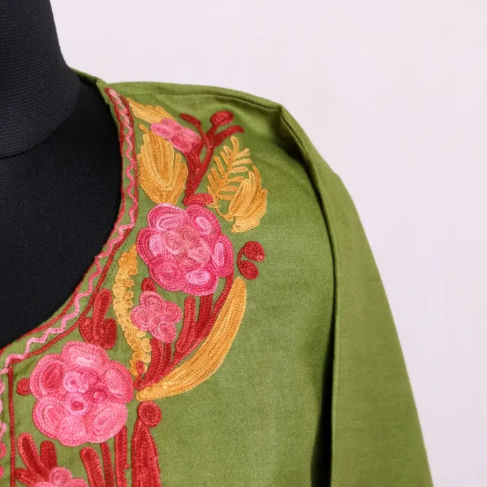 Classic Kashmiri Aari Embroidered Olive Green Short Kurti in Soft Summer Cool Fabric - Baghmehtab Collection - Image 3