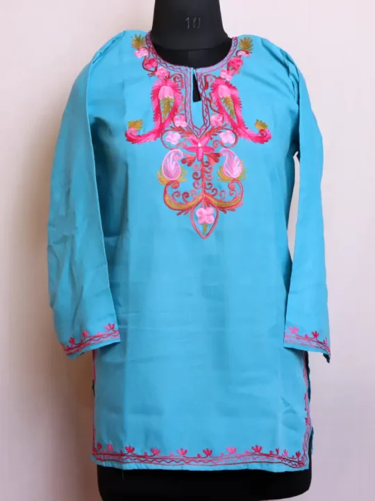 Sky Blue Summer Cool Short Kurti with Traditional Kashmiri Aari Embroidery - Baghmehtab Collection