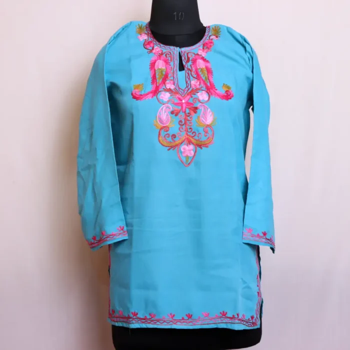 Sky Blue Summer Cool Short Kurti with Traditional Kashmiri Aari Embroidery - Baghmehtab Collection