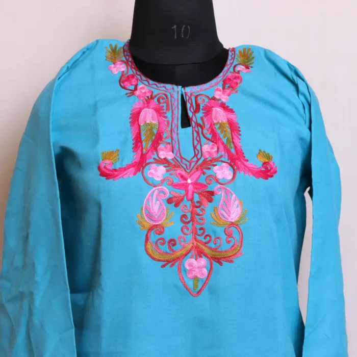 Sky Blue Summer Cool Short Kurti with Traditional Kashmiri Aari Embroidery - Baghmehtab Collection - Image 2