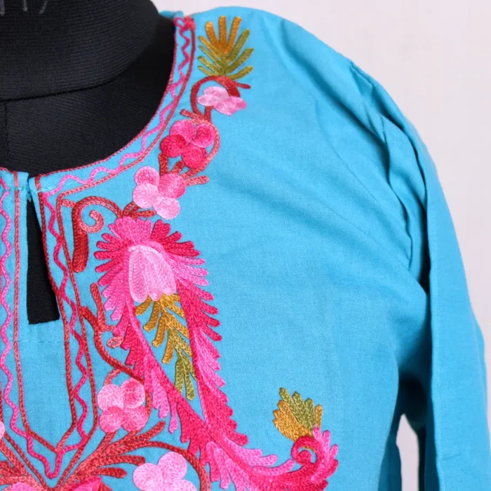 Sky Blue Summer Cool Short Kurti with Traditional Kashmiri Aari Embroidery - Baghmehtab Collection - Image 3