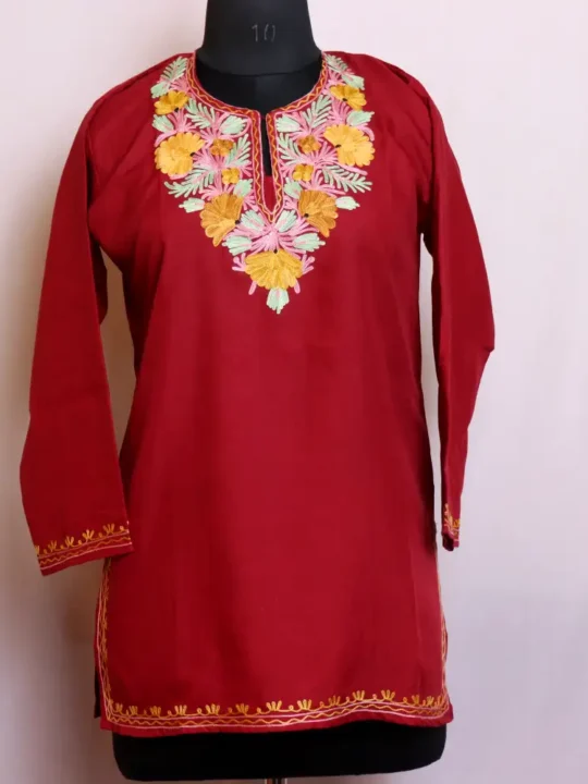 Kashmiri Aari Worked Maroon Short Kurti in Soft and Airy Summer Cool Fabric - Baghmehtab Collection