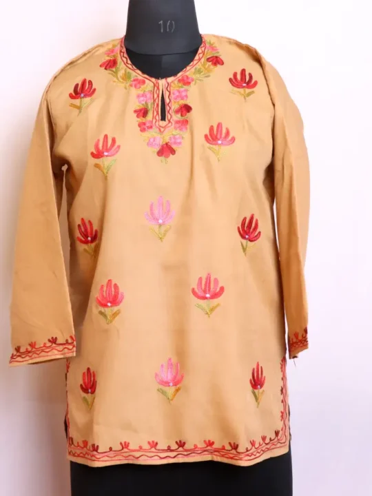 Adorable Summer Cool Beige Colored Short Kurti with Beautiful Kashmiri Aari Embroidery - Baghmehtab Collection