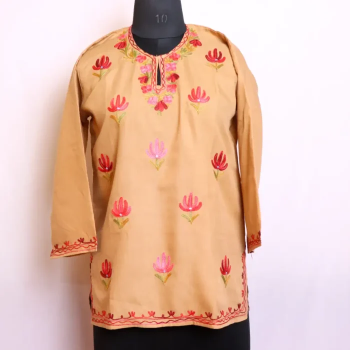 Adorable Summer Cool Beige Colored Short Kurti with Beautiful Kashmiri Aari Embroidery - Baghmehtab Collection