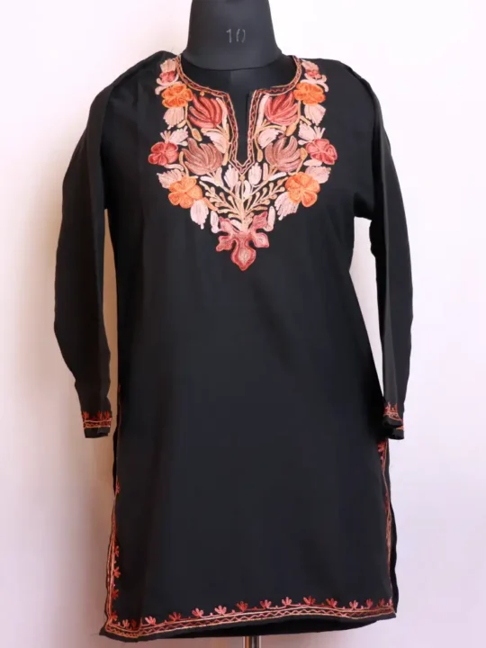 Graceful and Lightweight Kashmiri Aari Embroidery Black Short Kurti - Baghmehtab Collection