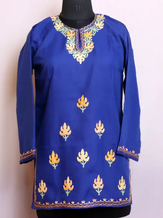 Dark Blue Summer Cool Short Kurti with Exquisite Kashmiri Embroidery - Baghmehtab Collection