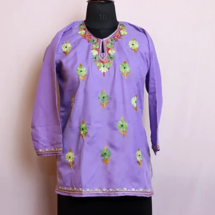 Purple Stylish Kashmiri Aari Work Short Kurti in Summer Cool Fabric - Baghmehtab Collection