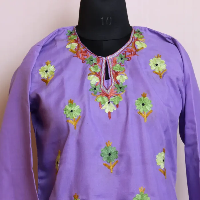 Purple Stylish Kashmiri Aari Work Short Kurti in Summer Cool Fabric - Baghmehtab Collection - Image 2