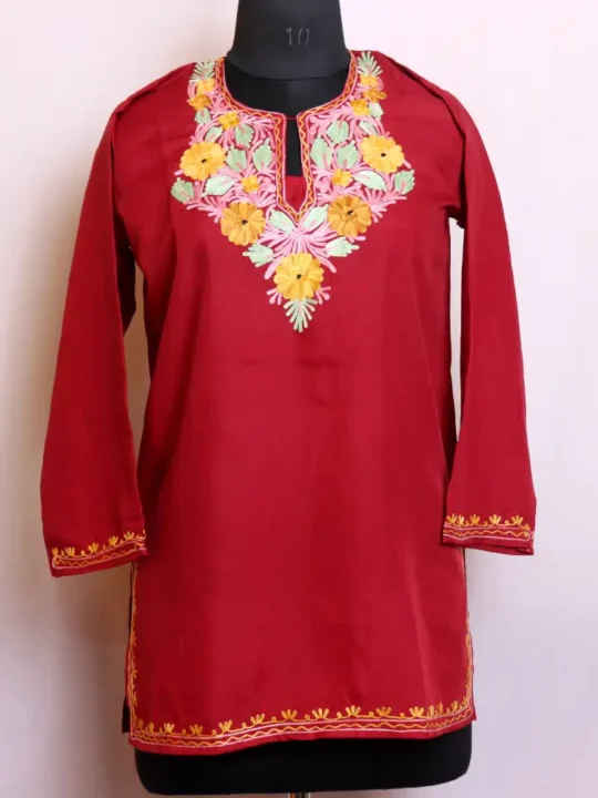 Soft Touch Maroon Summer Cool Short Kurti with Kashmiri Embroidery - Baghmehtab Collection