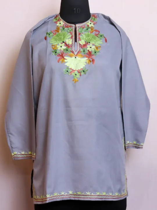 Elegant and Breathable Kashmiri Embroidery Grey Short Kurti - Baghmehtab Collection