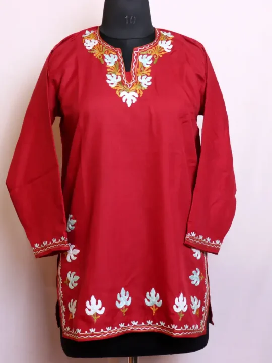 Classic Maroon Short Kurti with Beautiful Kashmiri Embroidery in Summer Cool Fabric - Baghmehtab Collection